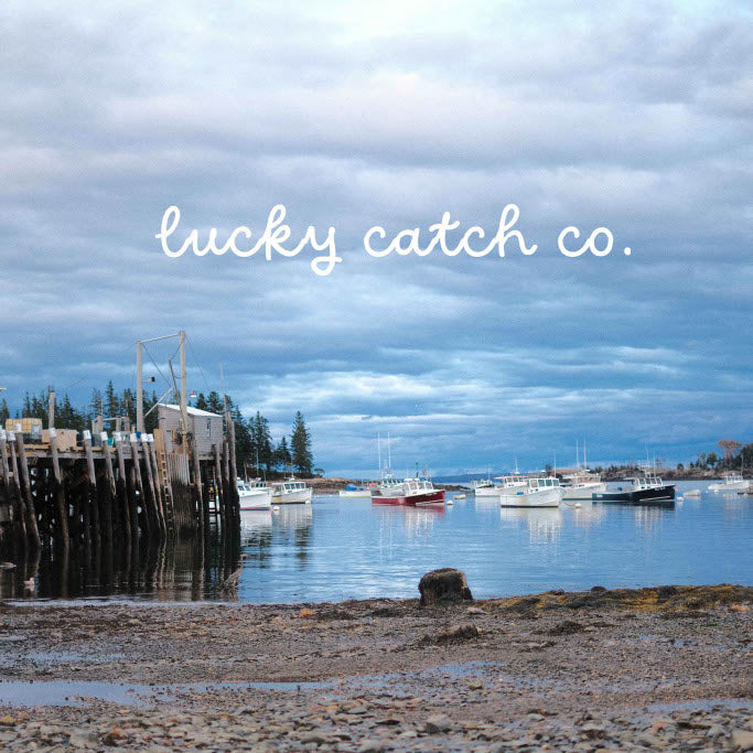 A sky with boats, on the water, with a pier. Sand in the foreground. Lucky Catch Co. written in sky.