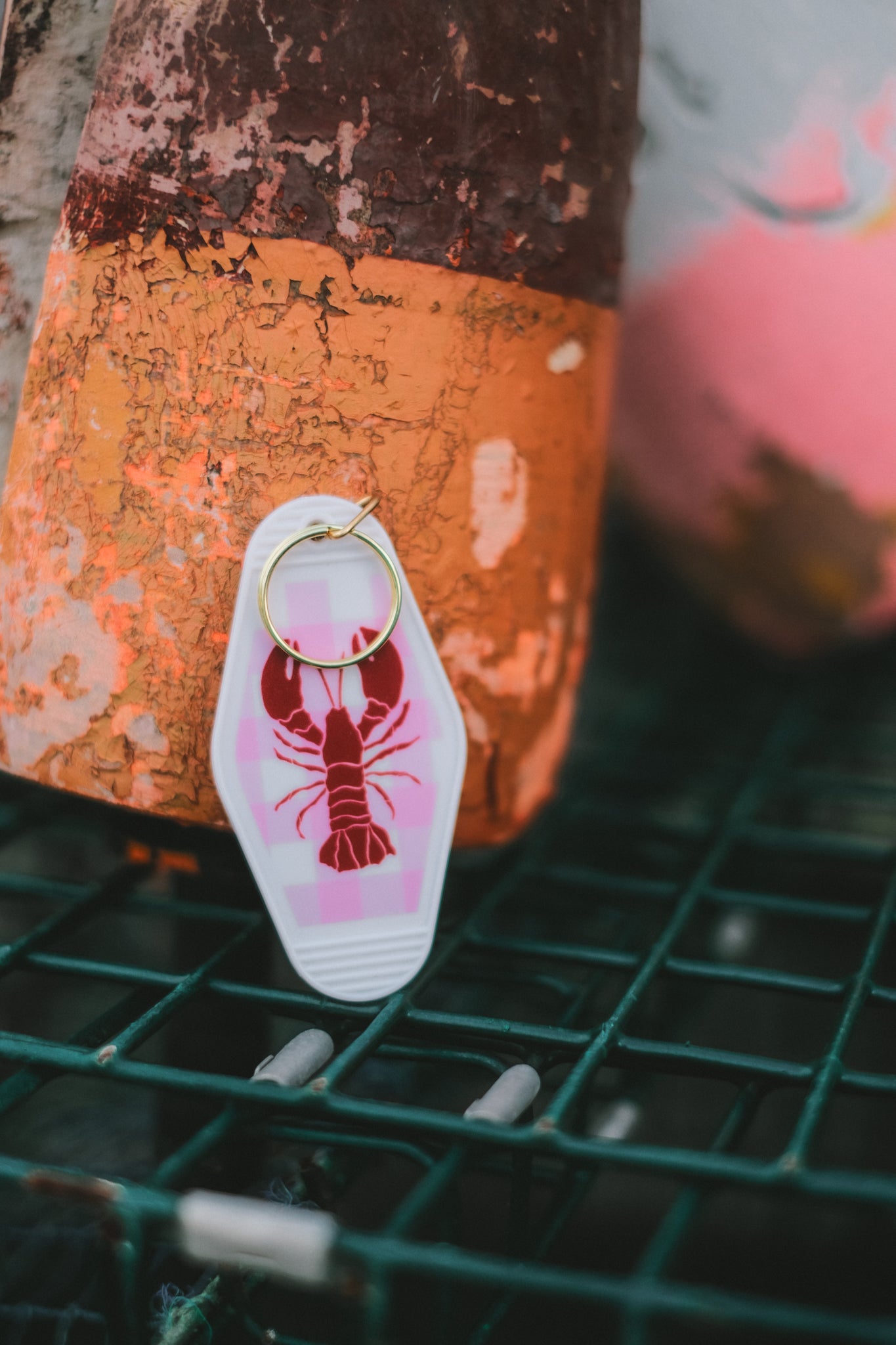 pink gingham red lobster acrylic motel keychain