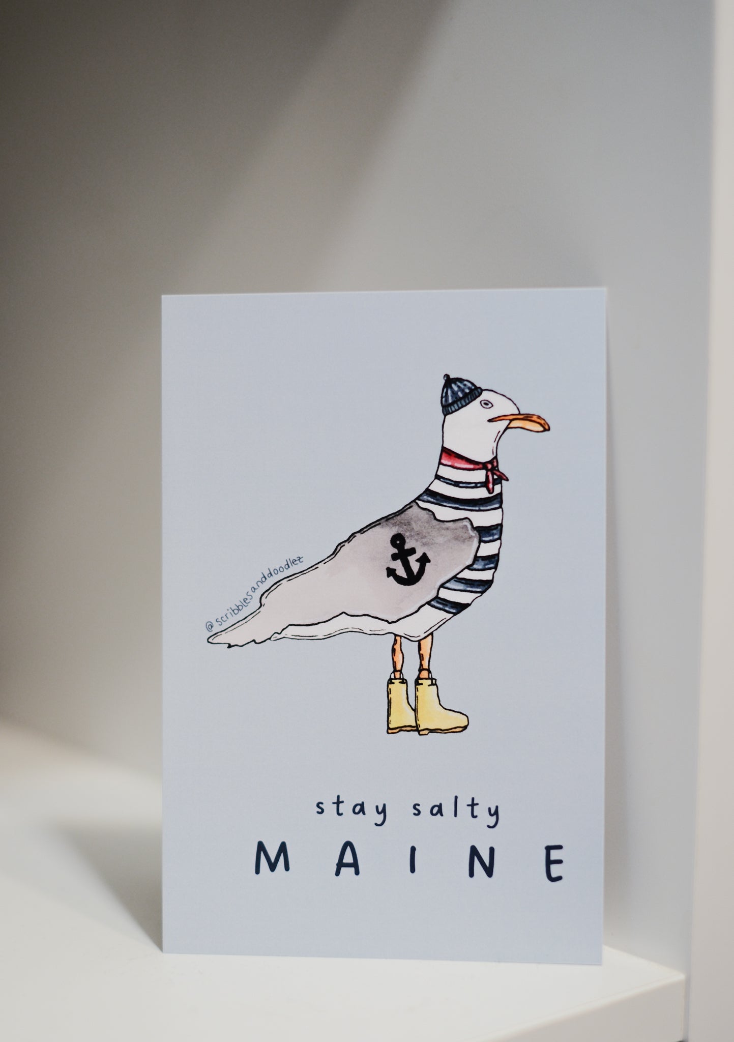 A vertical postcard featuring a whimsical illustration of a seagull dressed in a striped sweater, striped scarf, a navy blue knit hat, yellow rain boots, and an anchor on its back. Below the illustration, the text reads 'stay salty MAINE'.