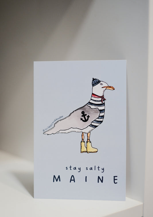 A vertical postcard featuring a whimsical illustration of a seagull dressed in a striped sweater, striped scarf, a navy blue knit hat, yellow rain boots, and an anchor on its back. Below the illustration, the text reads 'stay salty MAINE'.