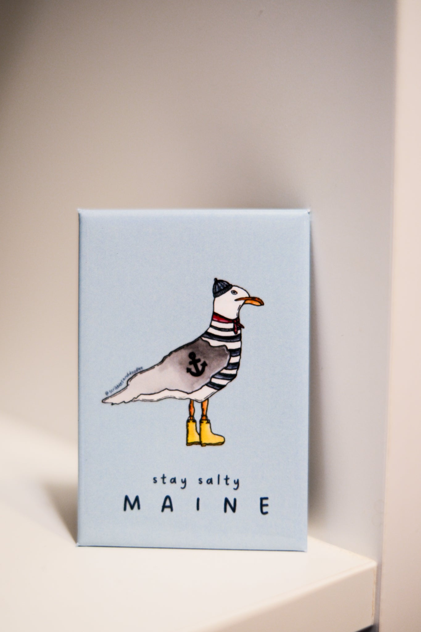 A square light blue magnet with an illustration of a seagull wearing a striped sweater and yellow rain boots, with the text 'stay salty MAINE' at the bottom, displayed on a white shelf against a neutral beige background.