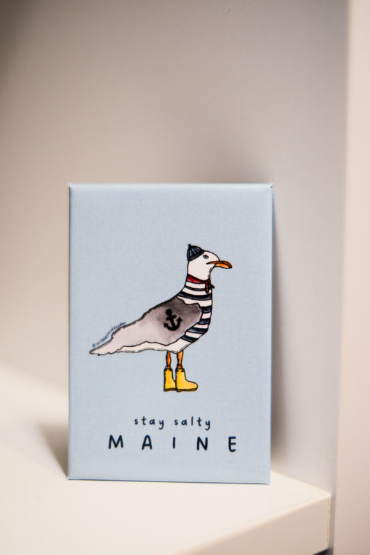 A square light blue magnet with an illustration of a seagull wearing a striped sweater and yellow rain boots, with the text 'stay salty MAINE' at the bottom, displayed on a white shelf against a neutral beige background.