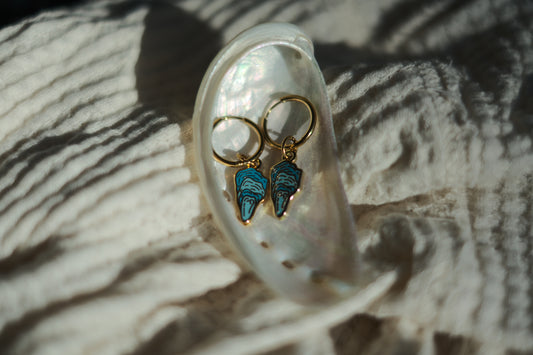 A pair of gold hoop earrings with turquoise blue seashell charms, displayed inside a small iridescent shell on a textured white fabric background.