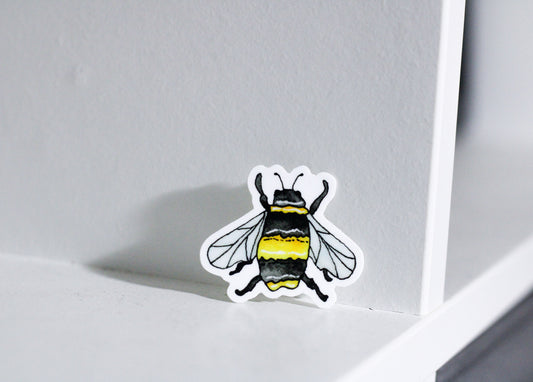 Photo of a watercolor black and yellow bee set on a white background.