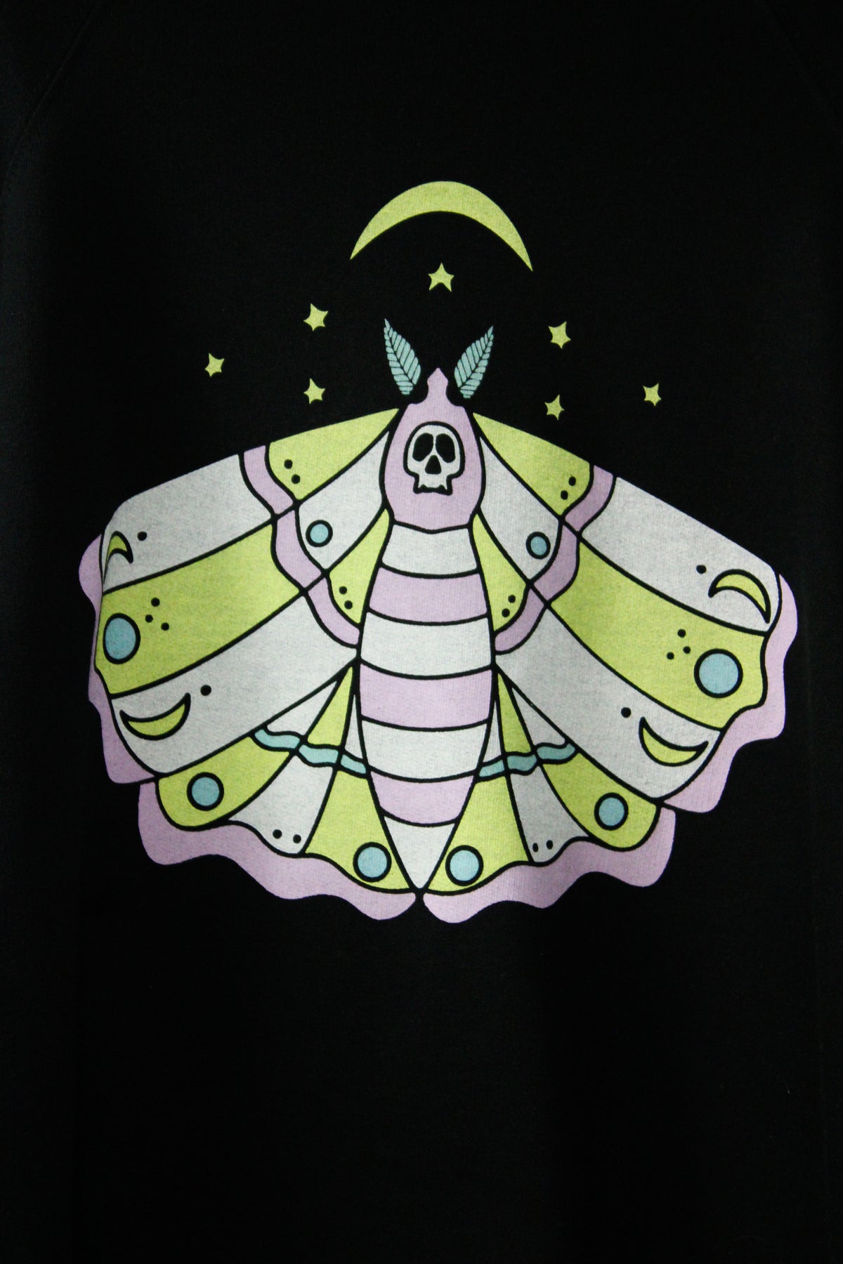 a colorful graphic of a stylized moth with a crescent moon and stars on the chest.